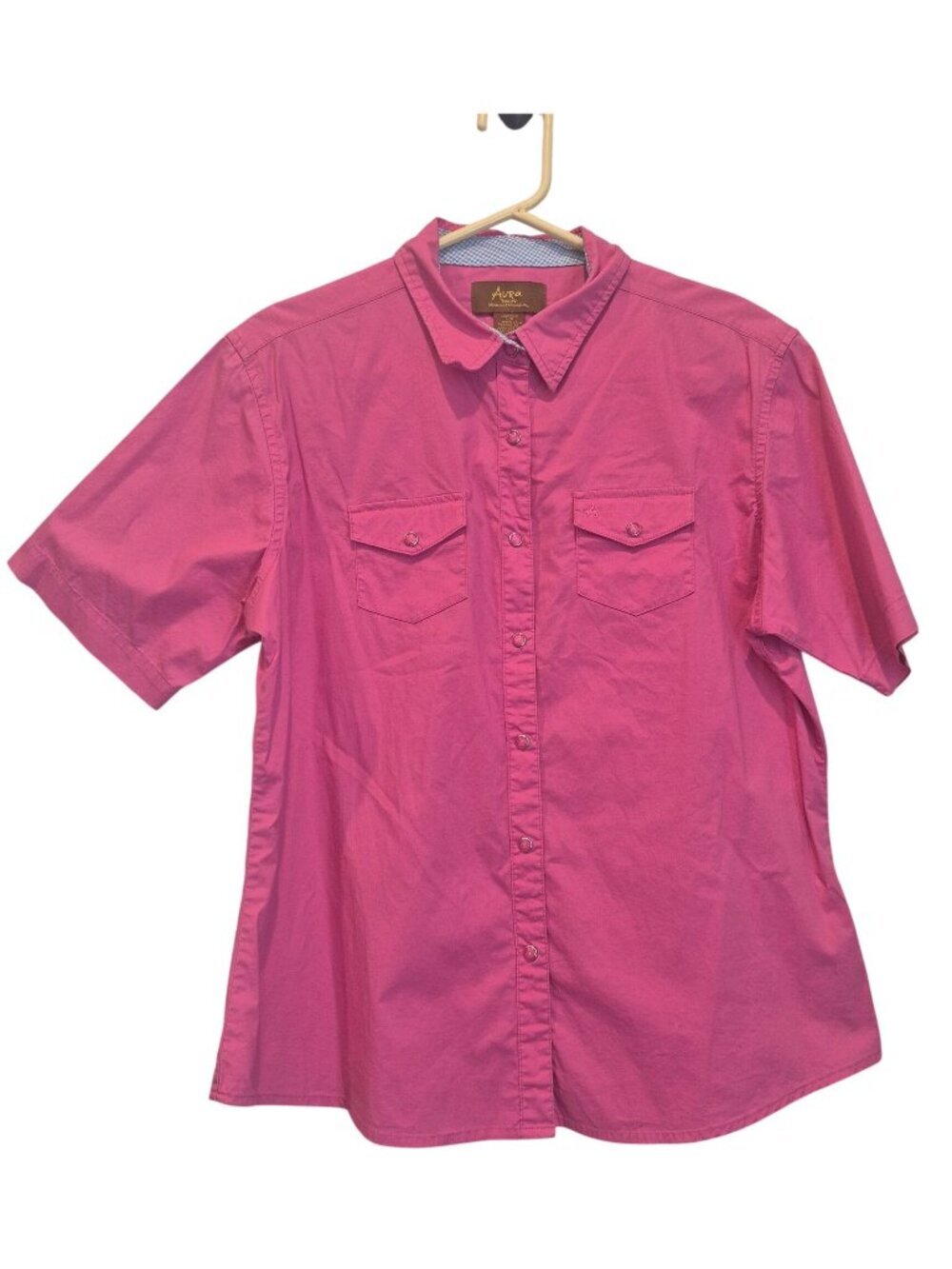 Aura Wrangler Pink Pearl Snap Button Down Short Sleeve Western Shirt Cotton L